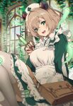  1girl :d animal_ears apron bag blonde_hair crossed_bangs dress english_commentary frilled_apron frilled_dress frills green_dress green_eyes hat highres holding holding_syringe indie_virtual_youtuber indoors knees_up looking_at_viewer lucidsky name_tag naplings_(nimi_nightmare) nimi_nightmare nurse nurse_cap one_side_up plant satchel short_hair sitting smile solo syringe tapir_ears tapir_girl teeth thighhighs upper_teeth_only vines virtual_youtuber white_apron white_thighhighs window 