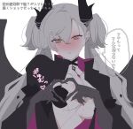  1girl 55nyako20 black_hands black_jacket blush breasts colored_extremities demon_wings fate/grand_order fate_(series) four-finger_heart_hands heart heart_hands highres horns jacket lilith_(fate) lilith_(second_ascension)_(fate) looking_at_viewer pointy_ears solo speech_bubble twintails upper_body white_background white_hair wings 