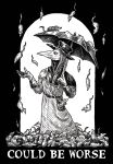 ambiguous_gender belt bodies clothing corpse death feral group hat headgear headwear humanoid male mammal monochrome murid murine plague_doctor raining rat rodent satchel simple_background text umbrella urbanknight white_text