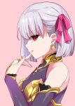  1girl :q absurdres armor bare_shoulders bikini_armor commentary_request detached_sleeves earrings fate/grand_order fate_(series) finger_to_mouth from_side grey_hair hair_ribbon highres jewelry kama_(fate) kama_(first_ascension)_(fate) looking_at_viewer looking_to_the_side pink_background pink_nails pink_ribbon purple_sleeves red_eyes ribbon short_hair simple_background smile solo tanuki_(siutkm0228) tongue tongue_out upper_body 