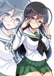  1girl absurdres black_eyes black_hair black_sailor_collar breasts girls_und_panzer glasses green_skirt highres isuzu_hana kumaisao large_breasts long_hair ooarai_school_uniform open_mouth sailor_collar school_uniform shirt skirt smile solo white_shirt 