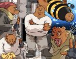 2025 anthro bear black_nose bolero_(ernest_and_celestine) bottomwear brown_body brown_fur clothing ernest_and_celestine fur ham_won_art hat headgear headwear hi_res humanoid_hands kemono male mammal pants scarf shirt sitting slightly_chubby solo topwear underwater water