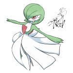  bob_cut colored_skin dress gardevoir green_hair green_skin highres multicolored_skin outstretched_arms pink_eyes pokemon pokemon_(creature) signature simple_background smile two-tone_skin white_background white_dress white_skin yoshitatsu_ousuke 