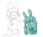 :3 ambiguous_gender anthro digital_media_(artwork) goo_creature green_body green_skin lagomorph line_art mammal offmoss1 skinny smile solo yellow_eyes