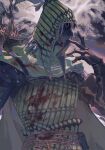  1boy armor arrow_(projectile) belt belt_buckle belt_pouch black_shirt blood blood_on_clothes blood_on_hands blue_eyes buckle cape chinese_commentary elbow_gloves elden_ring elden_ring_nightreign geranbb gloves green_armor green_cape green_hood hand_up highres ironeye_(elden_ring) looking_to_the_side male_focus mask mouth_mask pouch quiver shirt solo upper_body white_hair 