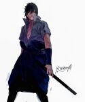  1boy black_hair chokutou closed_mouth grey_shirt highres holding holding_sword holding_weapon looking_at_viewer male_focus naruto_(series) naruto_shippuuden ninja one_eye_closed sharingan shirt short_hair short_sleeves simple_background solo spiked_hair sword uchiha_sasuke weapon white_background zifletts 