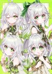  1girl :o ;) ahoge alternate_hairstyle bare_shoulders blush bow bracelet closed_mouth commentary_request detached_sleeves dress genshin_impact gold_trim gradient_hair green_bow green_eyes green_hair green_sleeves hair_between_eyes hair_bow hair_ornament hand_up hands_up highres jewelry leaf_hair_ornament long_hair looking_at_viewer moco_(moco_8854) multicolored_hair multiple_views nahida_(genshin_impact) one_eye_closed open_mouth pointy_ears sleeveless sleeveless_dress smile star-shaped_pupils star_(symbol) symbol-shaped_pupils twintails white_dress white_hair 
