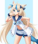  1girl ahoge animal_ear_fluff animal_ears bikini bikini_under_clothes blue_background blue_eyes blue_hair blue_nails blue_sailor_collar brown_hair cat_ears commentary dress fins fish_tail frilled_dress frilled_sailor_collar frills hand_on_own_hip highleg highleg_bikini highres indie_virtual_youtuber kazenokaze leaning_forward long_hair looking_at_viewer multicolored_hair nail_polish navel one_side_up ribbon-trimmed_dress ribbon_trim sailor_collar sailor_dress sameko_saba short_shorts shorts side-tie_bikini_bottom sleeveless sleeveless_dress solo streaked_hair striped_bikini striped_clothes swimsuit tail very_long_hair virtual_youtuber white_dress white_shorts 