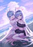  2girls aile_(crossroads) alternate_costume arona_(blue_archive) bare_shoulders barefoot beach bikini bikini_skirt black_bikini black_eyes black_hairband blue_archive blue_eyes blue_hair blue_halo blush braid colored_inner_hair commentary_request eyes_visible_through_hair frilled_bikini frills grey_hair hair_over_one_eye hair_ribbon hairband halo highres long_hair multicolored_hair multiple_girls navel ocean open_mouth pink_hair plana_(blue_archive) red_halo ribbon sidelocks single_braid sitting stomach swimsuit two-tone_hair very_long_hair white_bikini white_hairband white_ribbon 