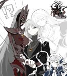  !? 2boys 3girls angelica_(project_moon) argalia_(project_moon) black_hair black_jacket black_mask black_necktie blue_eyes closed_mouth eyeball ghost highres jacket jewelry lapels library_of_ruina long_hair multiple_boys multiple_girls necklace necktie project_moon rai_(r2718281) red_eyes ring ring_necklace roland_(project_moon) silver_trim simple_background smile spoilers sweat very_long_hair white_background white_hair 