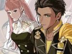  1boy 1girl amikoiiko ascot black_dress blunt_bangs braid brown_hair cape claude_von_riegan closed_mouth collar collarbone collared_shirt dark-skinned_male dark_skin dress earrings fire_emblem fire_emblem:_three_houses fringe_trim from_above garreg_mach_monastery_uniform green_eyes hair_slicked_back highres hilda_valentine_goneril jewelry light_smile long_hair long_sleeves looking_at_viewer pink_eyes pink_hair puff_and_slash_sleeves puffy_sleeves seams shirt short_hair shoulder_boards sidelocks single_braid sternocleidomastoid_muscle twintails white_ascot white_background white_collar white_shirt yellow_cape yellow_collar yellow_undershirt zoom_layer 