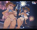  :3 ? alternate_costume american_flag american_flag_bikini american_flag_print beach bikini bikini_tan blue_eyes blue_hair breasts commentary cowboy_hat cowboy_shot english_commentary fireworks flag_print flag_print_bikini fourth_of_july fruithead gun hand_on_own_hip hand_up hat highres holding holding_gun holding_weapon hololive hololive_english kronie_(ouro_kronii) large_breasts leaf long_hair looking_at_viewer maple_leaf medium_hair mori_calliope multicolored_bikini navel night night_sky ouro_kronii pink_eyes pink_hair print_bikini revolver skindentation sky smug spoken_question_mark star_(symbol) stomach swimsuit tan tanlines two-tone_bikini underboob virtual_youtuber weapon 