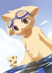  anthro balls black_nose blush cloud cub duo erection eyewear feline fur goggles kemono looking_down low-angle_shot male mammal moki navel nude open_mouth outside penis sky solo_focus tan_fur tuft uncut water young 