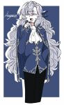  1boy :d argalia_(project_moon) ascot black_pants blue_background blue_cape blue_eyes blue_jacket blue_shirt border cape gloves gold_trim jacket library_of_ruina long_hair long_sleeves looking_at_viewer male_focus pants project_moon q38jkwbeuo7116 shirt simple_background smile solo standing upper_body very_long_hair white_ascot white_border white_gloves white_hair 