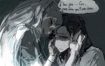  2boys baldur&#039;s_gate baldur&#039;s_gate_3 black_hair cazador_szarr crying dungeons_&amp;_dragons english_text frown highres long_hair looking_at_another medium_hair multiple_boys pointy_ears red_eyes smile speech_bubble vellioth vihua6 white_hair yaoi 