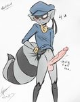  anthro balls bandit big_balls big_penis blush bottomless dullvivid erection girly hat huge_penis male mammal one_eye_closed penis raccoon sly_cooper sly_cooper_(series) smile solo vein veiny_penis wink 