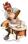 ambiguous_gender anthro appliance apron biped bottomwear cable clay clothing container ear_piercing ear_ring equid equine goat-soap hair hi_res hooves horse jar mammal messy musical_note musical_symbol pants pattern_bottomwear pattern_clothing pattern_pants piercing pottery pottery_wheel red_hair ring_piercing simple_background solo striped_bottomwear striped_clothing striped_pants stripes symbol traditional_media_(artwork) white_background