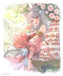  1girl animal_ears breasts cake detached_sleeves flower food fraux_(formal)_(granblue_fantasy) granblue_fantasy grey_hair hair_flower hair_ornament highres jewelry large_breasts long_hair looking_at_viewer macaron official_art red_eyes ring smile solo teeth tongue tongue_out upper_teeth_only 