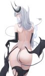  1girl absurdres ass bare_back black_gloves black_thighhighs blue_eyes cake_walker cross cross_earrings demon_girl demon_horns demon_tail demon_wings earrings elbow_gloves from_behind gloves grey_hair hair_behind_ear hair_over_shoulder highres holding holding_panties holding_underwear holding_unworn_clothes horns jewelry long_hair mole mole_under_eye nude original panties parted_lips solo tail thighhighs torn_clothes torn_thighhighs underwear wings 