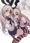  2boys animal_ears armpits bare_shoulders bikini black_bikini black_hair black_ribbon blonde_hair blue_eyes blue_skirt closed_mouth crossdressing crossdressing_(mtf) elbow_gloves erection gloves hand_up highres kantai_collection kyantama_land looking_at_viewer micro_bikini miniskirt multiple_boys rabbit_ears red_hair red_thighhighs ribbon shimakaze-kun shimakaze_(kancolle) shirt skirt smile striped_clothes striped_thighhighs swimsuit thighhighs trap white_background white_gloves white_shirt wig 
