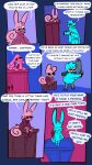 absurd_res anthro blood blood_on_clothing blood_on_hand blue_body blue_fur blush bodily_fluids bovid caprine clothing comic dialogue duo english_text female forced_perspective fur furniture hi_res juice_box lagomorph male mammal pink_body pink_fur profanity restricted_palette saffron_(unicorn_blood) sheep simple_background speech_bubble text tulip_(unicorn_blood) vanilla_candy wooden_sword wool_(fur)