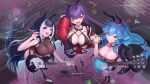  3girls akuma_nihmune animal_ear_hairband animal_ears asymmetrical_legwear bao_(vtuber) black_boots black_choker black_collar black_hair black_jacket black_nails black_ribbon black_shoes blue_hair blue_nails body_markings boots breasts cetacean_tail character_name chest_strap choker cleavage collar earrings facial_mark fake_animal_ears fang fins fish_tail fishnet_socks fishnets guitar hairband hareteruya heart heart_facial_mark highres holding holding_guitar holding_instrument holding_plectrum indie_virtual_youtuber instrument jacket jewelry large_breasts leaning_forward leotard lips long_hair long_sleeves multicolored_hair multiple_girls one_eye_closed open_clothes open_jacket open_mouth orca_girl pink_eyes plectrum pouch purple_eyes purple_hair purple_nails rabbit_ear_hairband rabbit_ears red_eyes red_jacket red_shoes ribbon see-through_cleavage see-through_clothes see-through_leotard shoes shylily smile socks solo streaked_hair tail tail_ornament tail_ribbon teeth thigh_strap upper_teeth_only virtual_youtuber white_hair 