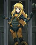  1girl ahoge armor blonde_hair closed_mouth commentary cosplay english_commentary giascle gordon_freeman gordon_freeman_(cosplay) green_eyes half-life_(series) half-life_2 hands_up hev_suit highres hoshii_miki idolmaster idolmaster_(classic) indoors long_hair looking_down smile solo standing 