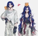  1boy 1girl absurdres black_gloves black_tank_top blue_hair breasts closed_mouth commentary conch_(gundam) diurtion flying_sweatdrops genderswap genderswap_(mtf) gloves grey_background gundam gundam_gquuuuuux hair_between_eyes highres holding long_hair male-female_symbol multicolored_hair pants purple_hair red_eyes red_hair shirt shuji_ito simple_background spray_can symbol-only_commentary tank_top very_long_hair white_pants white_shirt 