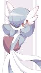  blush bob_cut colored_skin dress gardevoir green_hair green_skin hair_over_one_eye highres multicolored_skin narumiya_pkmn pink_eyes pokemon pokemon_(creature) signature two-tone_skin white_dress white_skin 