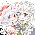  2girls alternate_hairstyle bat_wings blue_hair blush commentary_request izayoi_sakuya lowres maru_usagi multiple_girls pointy_ears red_eyes remilia_scarlet short_sleeves simple_background smile solo touhou white_background wings 