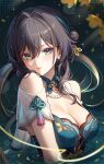  1girl absurdres aqua_dress aviary bare_shoulders breasts brown_hair cleavage closed_mouth clothing_cutout commentary diamond_(shape) dress gem green_eyes hair_between_eyes hair_bun hair_intakes highres honkai:_star_rail honkai_(series) large_breasts long_hair looking_at_viewer partially_submerged red_gemstone revision ruan_mei_(honkai:_star_rail) shoulder_cutout single_hair_bun single_side_bun solo upper_body water wet 