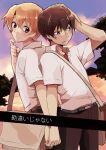  2boys back-to-back bag blonde_hair blush brown_bag brown_hair confused hand_in_own_hair handbag higurashi_no_naku_koro_ni holding_hands houjou_satoshi maebara_keiichi male_focus multiple_boys nuancho outdoors red_eyes shirt short_hair sunset sweat white_shirt yaoi 