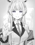  1girl blue_archive blunt_bangs closed_mouth collared_shirt commentary_request greyscale halo hands_up headpiece hoffun jacket long_hair looking_at_viewer monochrome necktie noa_(blue_archive) off_shoulder purple_eyes school_uniform shirt smile solo 