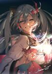  1girl 2020 aerial_fireworks fireworks floating_hair green_eyes green_hair green_nails grin hair_between_eyes hair_ornament hairclip hairpin hatsune_miku headphones highres holding holding_fireworks karon_(vtuber)_(artist) looking_at_viewer multiple_hairpins nail_polish signature smile solo sparkler teeth twintails upper_body vocaloid x_hair_ornament 