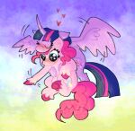  2girls animal blue_eyes closed_eyes closed_mouth flying gradient_background horns hug jemi-jimi-jam multicolored_hair multiple_girls my_little_pony my_little_pony:_friendship_is_magic pink_hair pinkie_pie procreate_(medium) purple_hair simple_background single_horn twilight twilight_sparkle 