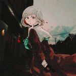  1girl adversarial_noise aoi_(byb_babylon) aqua_neckerchief black_choker black_gloves bob_cut brown_dress choker colored_inner_hair commentary_request cowboy_shot diagonal_bangs dress gloves half_gloves hasu_no_sora_school_uniform highres inverted_bob link!_like!_love_live! long_sleeves looking_at_viewer love_live! multicolored_hair neckerchief o-ring o-ring_choker outdoors parted_lips photo_background red_eyes red_hair sailor_collar sailor_dress school_uniform short_hair solo streaked_hair virtual_youtuber white_hair white_sailor_collar wide-eyed winter_uniform yugiri_tsuzuri 