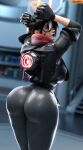  1girl 2024 3d alternate_ass_size arms_behind_head ass ass_focus black_lips blizzard_entertainment bodysuit breasts caught colored_tips eyeliner freckles gloves highres huge_ass jacket large_breasts leather leather_jacket looking_at_viewer looking_back makeup multicolored_hair operative_oxton overwatch pinup_(style) red_eyes shiny_clothes skin_tight smittt34 solo thick_thighs thighs tracer_(overwatch) wide_hips 
