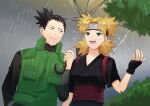  1boy 1girl black_gloves black_hair blonde_hair blurry closed_mouth collarbone couple depth_of_field fingerless_gloves flak_jacket forehead_protector gloves green_eyes grey_background grey_sky hair_up hand_in_pocket hand_up happy high_ponytail highres holding holding_umbrella jacket konohagakure_shinobi_uniform korean_commentary light_particles long_sleeves looking_to_the_side looking_up nara_shikamaru naruto_(series) naruto_shippuuden ninja official_alternate_costume open_mouth outdoors parted_bangs ponytail quad_tails rain sash short_sleeves sky smile spiked_hair standing teeth temari_(naruto) tree umbrella upper_body upper_teeth_only user_kjjx3447 water_drop 