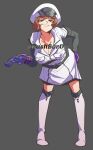  1girl boots breasts character_name commentary commission copyright_request counter-strike_(series) counter-strike_2 dress english_commentary full_body gloves green_eyes grey_background grin gun hat highres holding holding_gun holding_weapon hugo_(rushbordie) large_breasts leaning_forward looking_at_viewer military_uniform orange_hair peaked_cap purple_gloves revolver short_hair simple_background smile solo thigh_boots weapon white_boots white_dress white_hat 