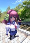  1girl angel_beats! beretta_92 black_thighhighs blue_sailor_collar blue_skirt blue_sky breasts brown_shoes closed_mouth cloud full_body green_eyes green_ribbon gun hair_ribbon handgun highres holding holding_gun holding_weapon loafers long_sleeves looking_at_viewer medium_breasts medium_hair nakamura_yuri neckerchief nemu_(zutto_oyasu3) on_stairs outdoors photo_background pleated_skirt purple_hair red_neckerchief ribbon sailor_collar school_uniform serafuku shinda_sekai_sensen_uniform shirt shoes sidelocks skirt sky smile solo stairs standing thighhighs tree weapon white_shirt 