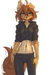 2025 alternate_hairstyle anthro apogee_(tinygaypirate) arm_tattoo biped bottomwear breasts brown_eyes brown_hair brown_tail canid canine canis clothed clothed_anthro clothed_female clothing countershade_torso countershading digital_media_(artwork) domestic_dog ear_piercing female front_view fully_clothed fully_clothed_anthro fully_clothed_female hair hi_res hip_tattoo inner_ear_fluff looking_at_viewer mammal navel neck_tattoo one_ear_up piercing small_breasts solo standing tail tattoo tinygaypirate topwear tuft