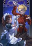  2girls alternate_costume apron black_dress black_skirt blonde_hair braid braided_bun brown_hair char&#039;s_counterattack check_copyright closed_mouth commentary copyright_request cup dress enmaided eye_contact feet_out_of_frame genderswap genderswap_(mtf) gloves gundam hair_bun hair_up highres holding holding_cup holding_saucer indoors jacket light_smile long_hair long_sleeves looking_at_another maid maid_apron maid_headdress military_uniform multiple_girls night parted_lips porkpie68701999 puppet_strings red_jacket saucer skirt symbol-only_commentary teacup white_apron white_gloves window yuri 
