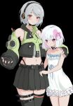  2girls absurdres anby_demara black_background black_skirt black_thighhighs bow collar cowboy_shot crossover detached_sleeves dohna_dohna_issho_ni_warui_koto_o_shiyou dress dress_bow expressionless fingerless_gloves frilled_dress frills gloves green_sleeves grey_hair hair_between_eyes hair_ornament hand_on_another&#039;s_shoulder headphones heart heart_hair_ornament highres imengneko looking_at_viewer medium_hair midriff multiple_girls navel orange_eyes pleated_skirt porno_(dohna_dohna) purple_eyes short_hair simple_background skirt spaghetti_strap spiked_collar spikes standing strap_slip thighhighs white_dress zenless_zone_zero 