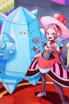  1girl :o bare_shoulders black_gloves dana_(pokemon) dress elbow_gloves full_body gloves hat highres holding holding_poke_ball looking_at_viewer open_mouth pink_dress pink_eyes pink_hair pink_hat poke_ball poke_ball_(basic) pokemon pokemon_(creature) pokemon_xy regice short_hair_with_long_locks speedy_(pkh) teeth upper_teeth_only v-shaped_eyebrows 