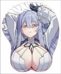  1girl absurdres arm_behind_head arms_up blacha_(dkskek157) black_gloves black_ribbon bow breast_mousepad breasts cleavage commentary_request counter:side frilled_sleeves frills gloves hair_between_eyes hair_spread_out halterneck highres jacket korean_commentary large_breasts long_hair looking_at_viewer lying mousepad_(medium) on_back outline parted_lips partial_commentary pink_eyes plunging_neckline purple_hair red_outline ribbon sidelocks simple_background solo swan_claire unfinished upper_body white_background white_bow white_jacket 