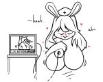 anthro big_breasts breasts cardiac_monitor cardiophilia clothing female furniture hair headgear headwear heart_(organ) huge_breasts lagomorph leporid long_ears long_hair mammal medical_instrument moan nurse_clothing nurse_headwear organs rabbit scientific_instrument screen table wafas