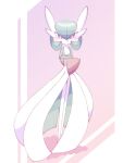  blush bob_cut colored_skin crossed_arms dress gardevoir green_hair green_skin multicolored_skin narumiya_pkmn pink_background pink_eyes pokemon pokemon_(creature) pout signature simple_background two-tone_skin white_dress white_skin 