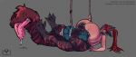 abstract_background animal_genitalia balls big_breasts black_nipples blue_eyes blush blush_lines bodily_fluids breasts breeding_mount canine_genitalia claws collar collar_only ear_piercing errokioslem eyewear felid felid_taur feline feline_taur fur genitals glasses hair hi_res hug huge_breasts hugging_object intersex intersex_taur lying mammal mammal_taur multiple_piercings nipple_piercing nipples not_furry nude on_back open_mouth penetration piercing ponytail red_hair saliva saliva_on_tongue sheath solo_focus striped_body striped_fur stripes sweat sweaty_breasts tail tail_mouth taur taur_penetrating tongue tongue_piercing unusual_anatomy unusual_tail
