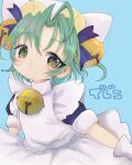  1girl animal_hat apron bell blue_background cat_hat closed_mouth dejiko di_gi_charat green_eyes green_hair hair_bell hair_ornament hair_ribbon hat highres looking_at_viewer puffy_short_sleeves puffy_sleeves renakobonb ribbon short_hair short_sleeves simple_background solo 