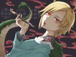  1girl antlers arm_tattoo blonde_hair blue_shirt dragon_girl dragon_horns dragon_tail flower_tattoo fur-tipped_tail green_scales green_tail highres holding holding_smoking_pipe horns kicchou_yachie looking_at_viewer monster_girl open_mouth red_eyes scales shirt short_hair shoulder_tattoo smoking smoking_pipe solo tail tattoo tonfa_(sisio) touhou turtle_shell yellow_horns 